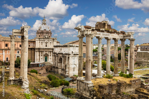 View of the Roman Forum with ancient architectural monuments. Rome, Italy