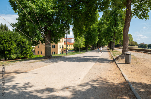 Lucca, Tuscany, Italy. August 2020. Beautiful view of the tree-lined avenue with the promenade along the defensive walls. Beautiful summer day, people on bikes.