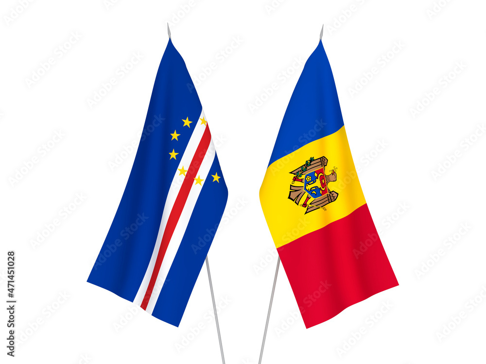 National fabric flags of Republic of Cabo Verde and Moldova isolated on white background. 3d rendering illustration.