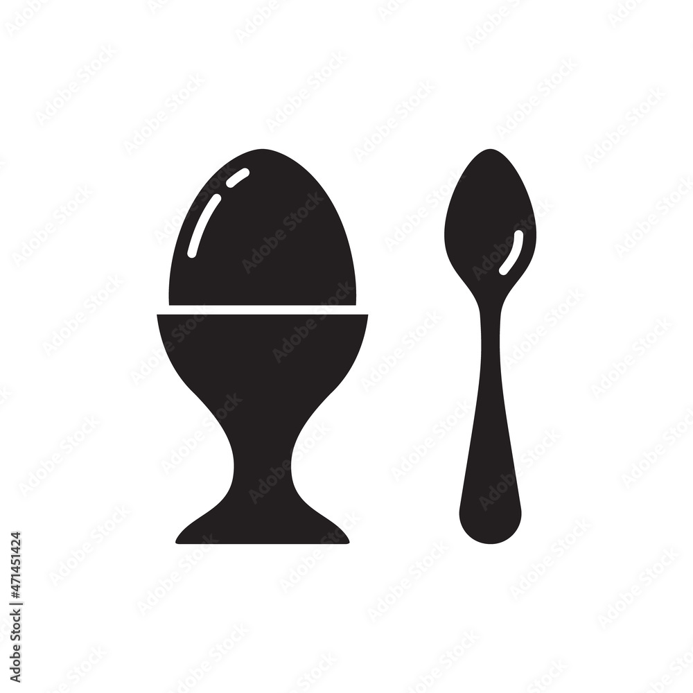 Egg holder silhouette icon. Black simple vector of soft-boiled egg stand with spoon. Contour isolated pictogram on white background