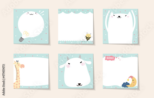 Set of memo with cute animals illustration. Template for planners, checklists, cards, notebooks, agenda, schedule and other stationery.