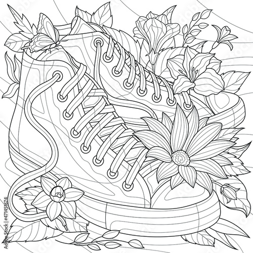 Sneakers and flowers.Coloring book antistress for children and adults. Illustration isolated on white background.Zen-tangle style. Hand draw