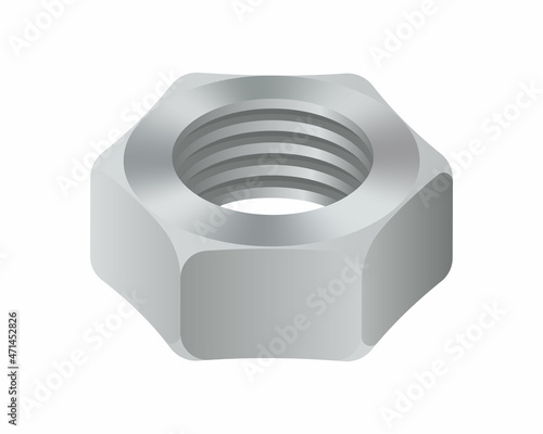 Isometric vector illustration steel nut isolated on white background. Realistic hexagonal nut icon. Metal female screw. Nut bolt.