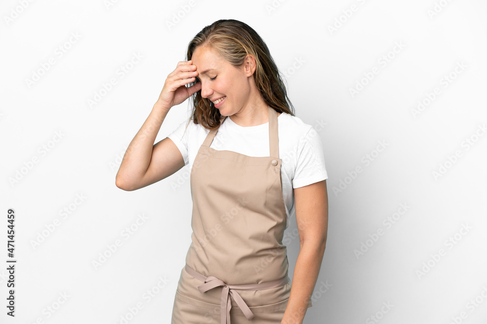 Restaurant waiter caucasian woman isolated on white background laughing Restaurant waiter caucasian woman isolated on white background laughing