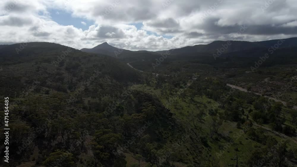 Aerial ascending shot Revealing Forest vegetation on Cloudy day, Horrocks Pass, Australia Aerial ascending shot Revealing Forest vegetation on Cloudy day, Horrocks Pass, Australia