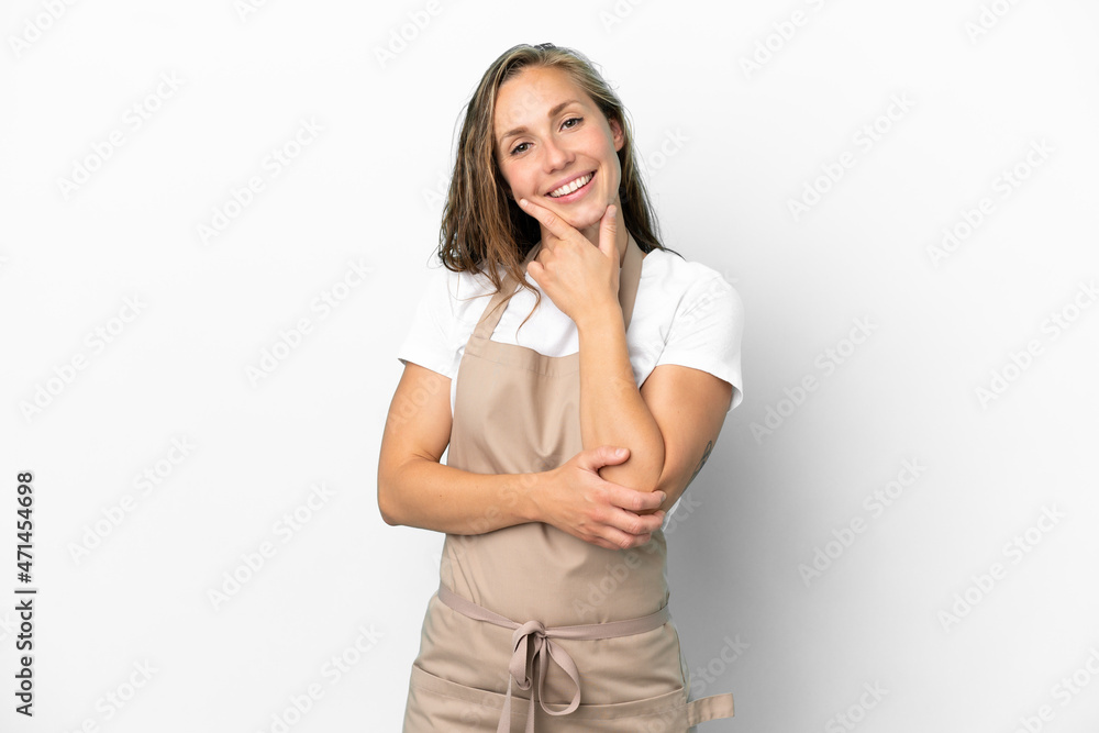 Restaurant waiter caucasian woman isolated on white background smiling Restaurant waiter caucasian woman isolated on white background smiling