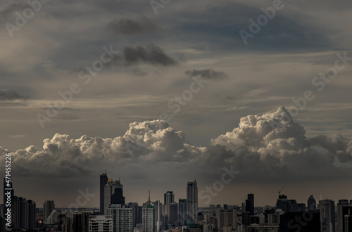 Bangkok, Thailand - Sep 15, 2021 : Gorgeous panorama scenic of the sunrise or sunset with cloud on the orange and blue sky over large metropolitan city in Bangkok. Copy space, No focus, specifically. © num