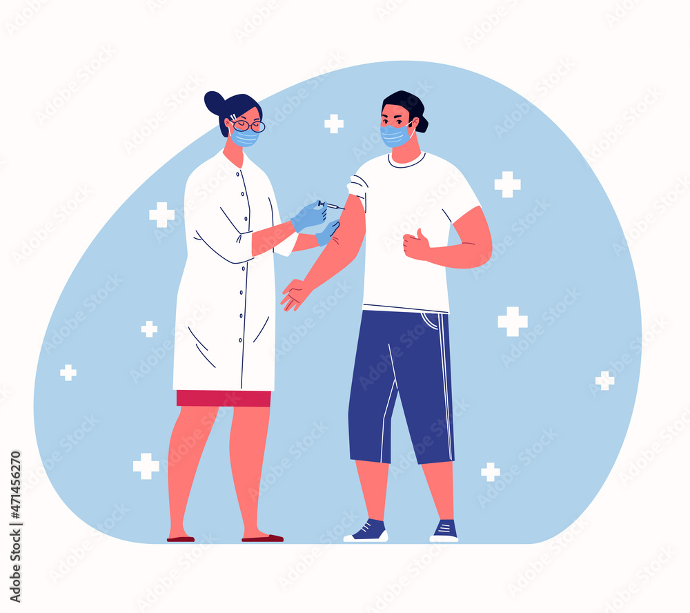 Concept of herd immunity during epidemic. Female doctor gives patient injection in shoulder. Vector cartoon style illustration with people characters. Concept of herd immunity during epidemic. Female doctor gives patient injection in shoulder. Vector cartoon style illustration with people characters.