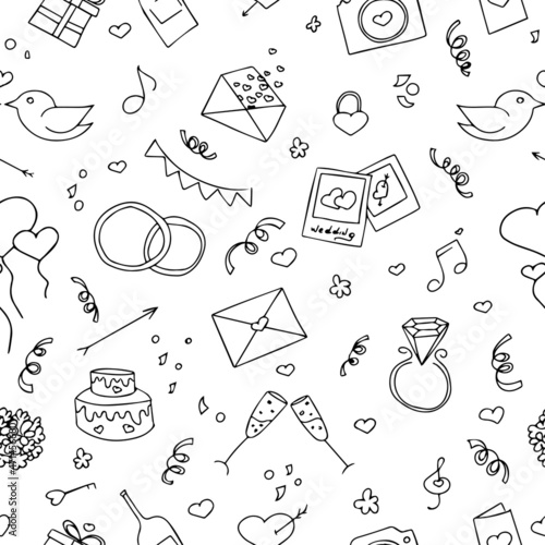 Vector seamless pattern in doodle style. Wedding and holiday paraphernalia