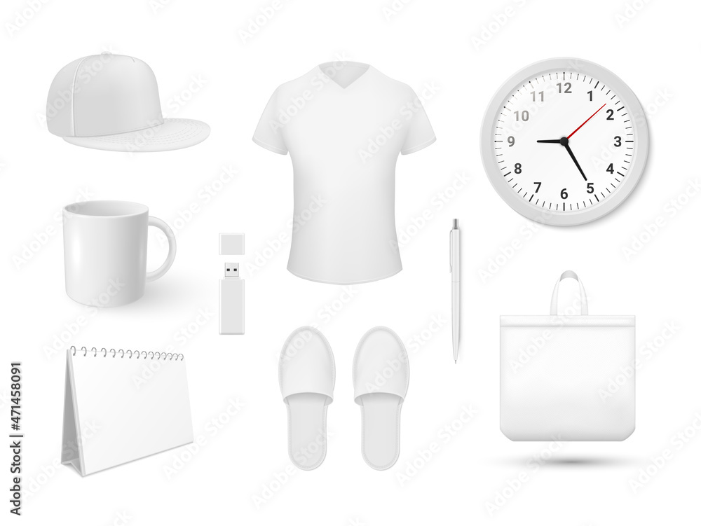 White blank merchandising items set realistic vector illustration