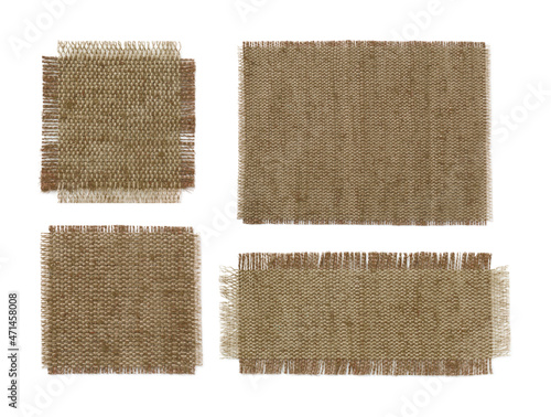 Set with pieces of natural burlap fabric on white background, top view