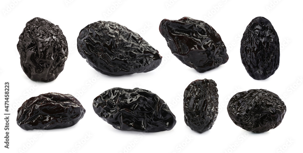 Set with sweet dried prunes on white background. Banner design Set with sweet dried prunes on white background. Banner design