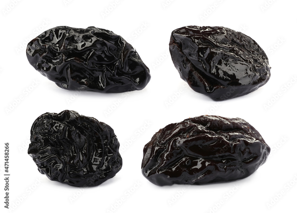 Set with sweet dried prunes on white background Set with sweet dried prunes on white background