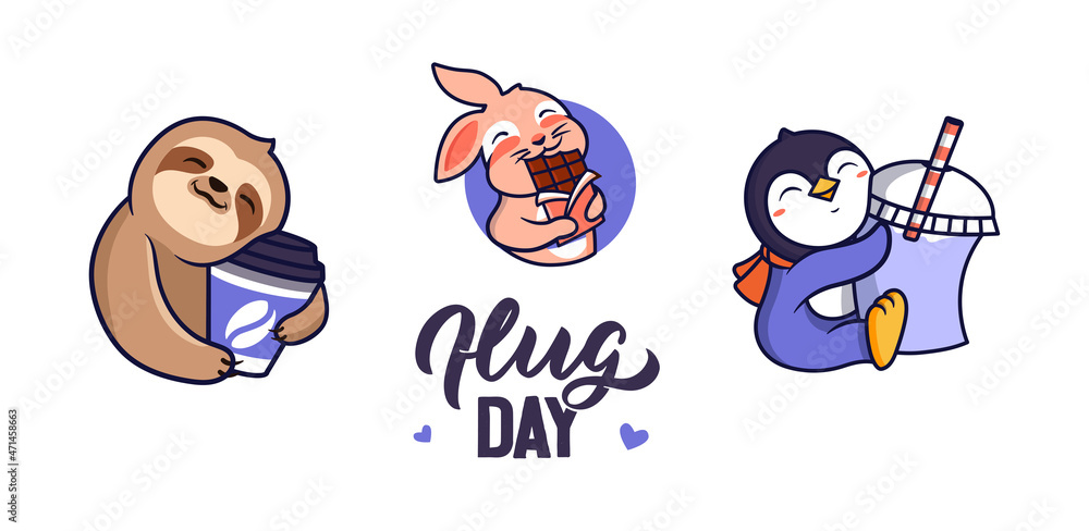 Fototapeta premium The set of stickers animals hugging food is good for hug day. The logo sloth, bunny, penguin in love is good for holiday designs. The cartoon is a vector illustration