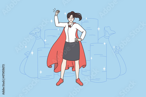 Superpower and feeling string concept. Young smiling business woman wearing red cape standing feeling powerful and successful vector illustration 