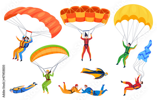 Man and woman parachutists set vector flat illustration. Parachute skydivers jumping, flying