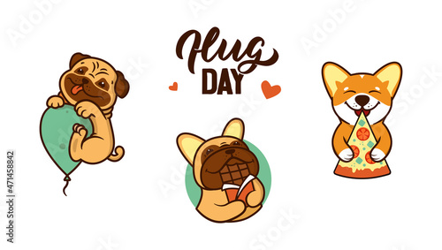 The set of cartoon dogs hugging food is good for hug day  stickers. The logo puppy is love pizza  balloon  chocolate is good for holiday designs. The animals in a vector illustration