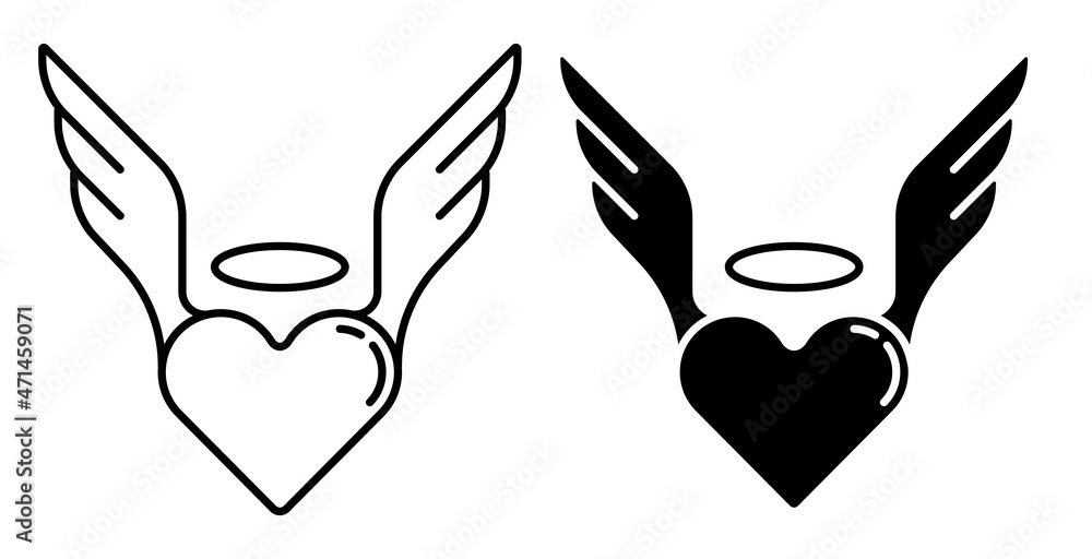 Linear icon. Inspired heart of human in love. Heart symbol with wings and halo. Simple black and white vector isolated on white background Linear icon. Inspired heart of human in love. Heart symbol with wings and halo. Simple black and white vector isolated on white background