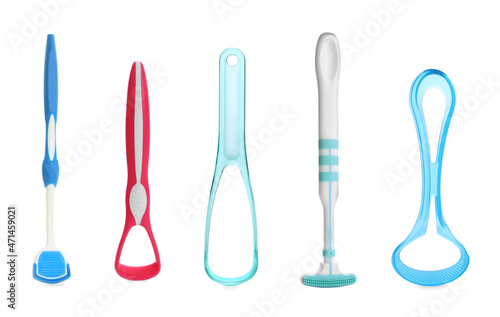 Set with different tongue scrapers on white background. Dental care