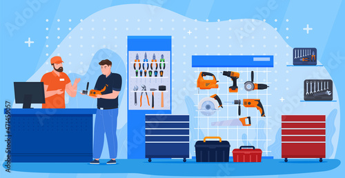 Male customer buying perforator at tool shop consulting with seller cashier counter vector