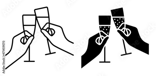 Linear icon. Glasses with festive sparkling champagne in hands. Cheers with glasses at New Year table. Simple black and white vector isolated on white background