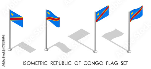 isometric flag of REPUBLIC OF CONGO in static position and in motion on flagpole. 3d vector