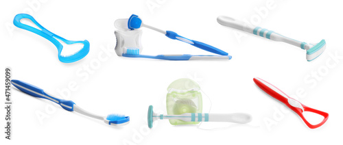 Wallpaper Mural Set with different tongue scrapers, dental floss and toothbrushes on white background. Banner design Torontodigital.ca