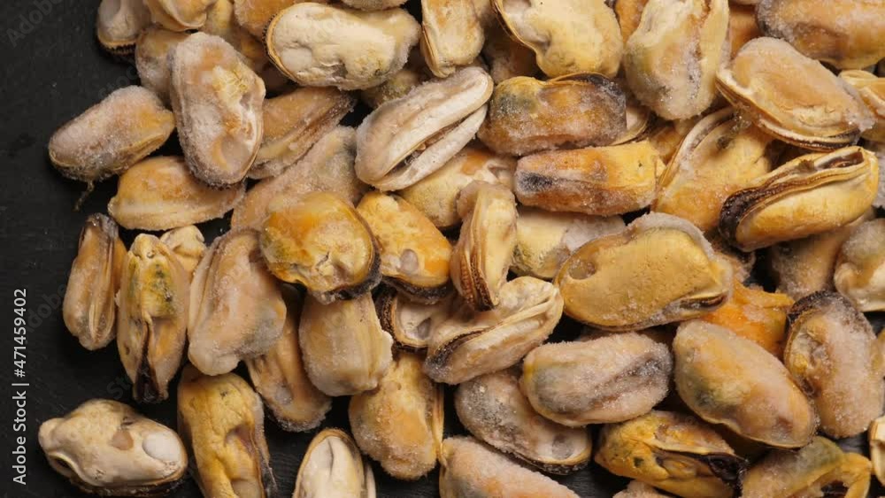 Raw frozen mussels, closeup Rotating Raw frozen mussels, closeup Rotating