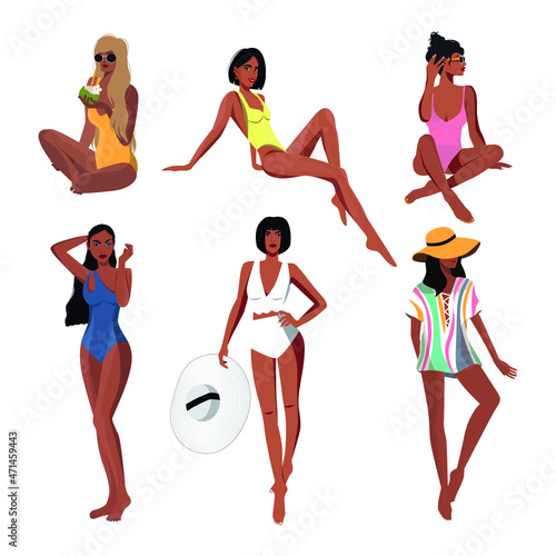 Digital illustration set of a girl in a beautiful stylish swimsuit
