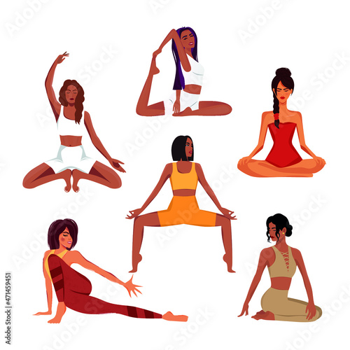 Digital illustration set of flexible girls doing yoga and meditation
