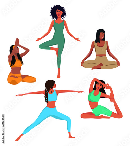 Digital illustration set of girls doing yoga