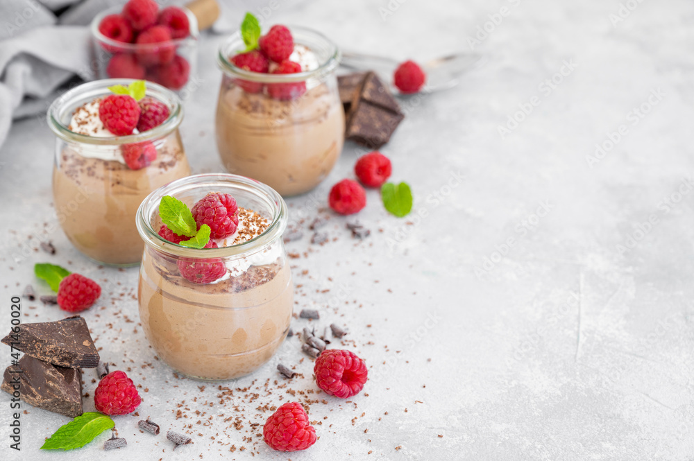 Chocolate mousse with whipped cream and fresh raspberries in a glass on a gray concrete background. Copy space. Chocolate mousse with whipped cream and fresh raspberries in a glass on a gray concrete background. Copy space.