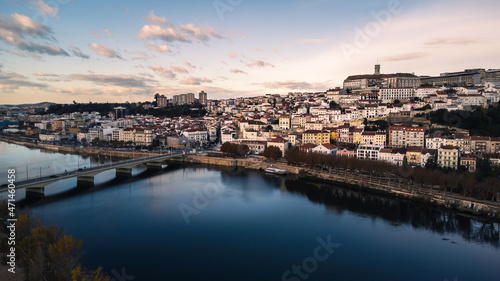 Aerial view of coimbra Portugal university city at sunset