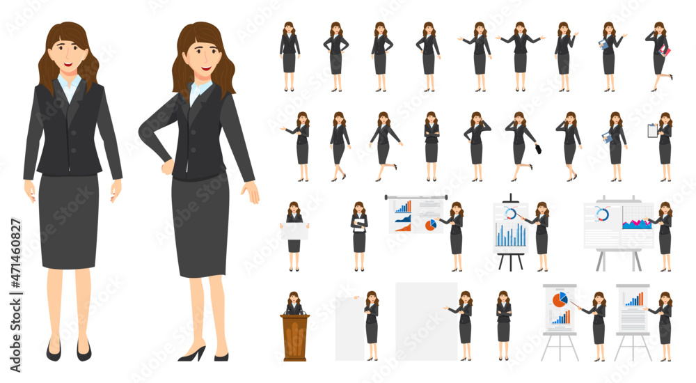 Fototapeta premium Cute businesswoman character set with different pose doing different actions jumping standing with presentation board with sales graph chart podium isolated posing
