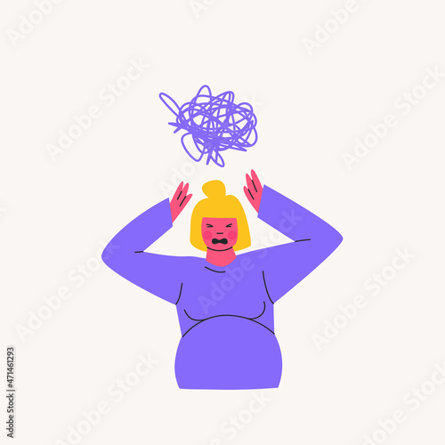 Annoyed pregnant woman screams, a tangle of thoughts over her head. Problems associated with expecting a baby. Vector cartoon illustration of purple, yellow, pink colors.