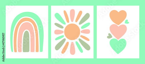 Set of Nursery Art Neutral Pastel Scandinavian Vector Illustration Rainbow Hearts and Sun