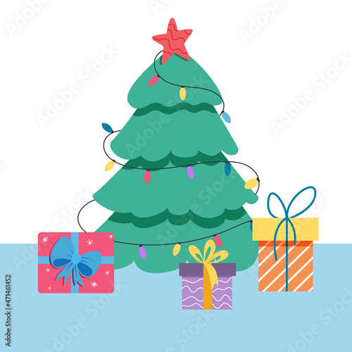 Christmas tree with a garland of lights, a decorative star and gift boxes at the bottom. Vector holiday illustration in flat style. New Year concept