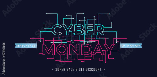 CYBER MONDAY letter tech model concept on dark background with  for advertising, billboard, promotional online shop, poster, web banner, brochure and flyer design concept.