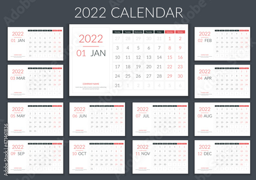 2022 Calendar template, planner, 12 pages, week starts on Monday