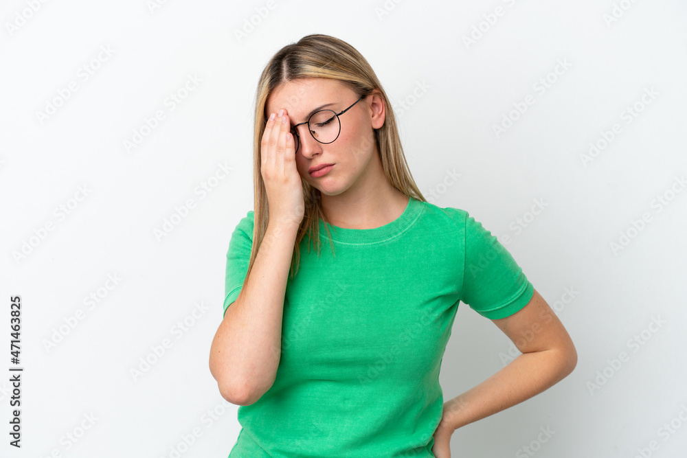 Young caucasian woman isolated on white background with headache Young caucasian woman isolated on white background with headache
