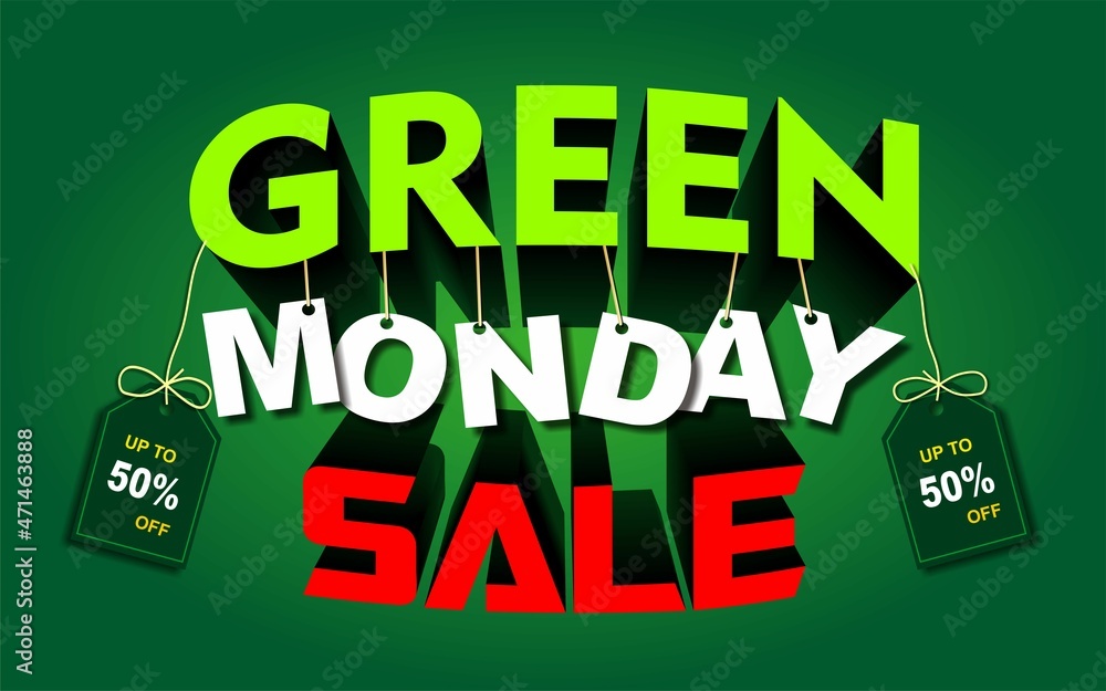 Green Monday sale text effect with price tag and green background Stock