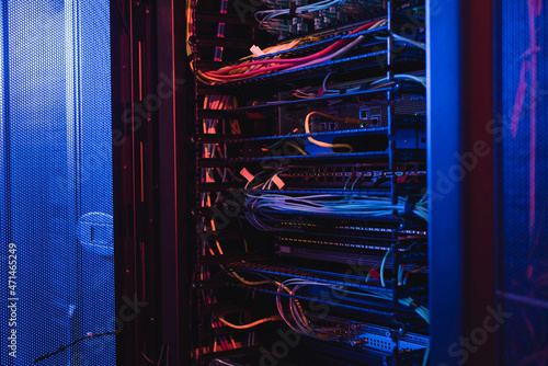 wires in open server in data center, cyber security concept