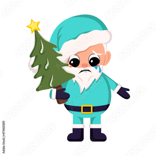 Santa Claus in costume and hat with bag of gift. Symbol of New Year and Christmas. Cute character with crying and tears emotion, sad face, depressive eyes