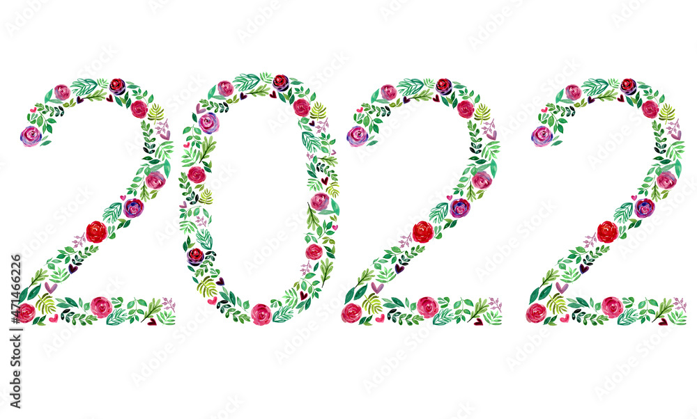 Watercolor floral numbers of 2022 new year. Hand draw flowers in numbers silhouette. New spring summer season 2022. Design for photo frames, labels, covers, wrapping paper 