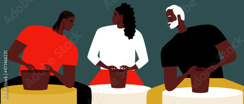 African ceramics, achievements of african people, Flat vector stock illustration with community of sculptors or ceramic class, African people working together
