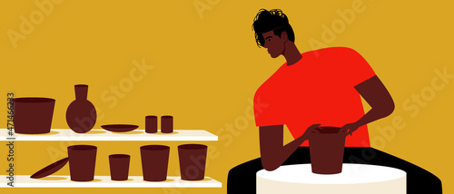 African ceramics, black history month, flat vector stock illustration or copy space template with creativity of people with black skin or molding of molten pots