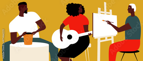 African creative people, achievements of african people, flat vector stock illustration with violinist, artist and ceramist as work and background with leaves
