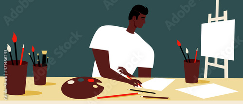 African artist in workshop, achievements of african people, flat vector stock illustration with artist draws, easel and paints