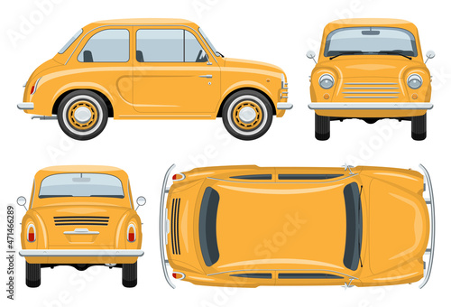 Vintage car vector template with simple colors without gradients and effects. View from side, front, back, and top
