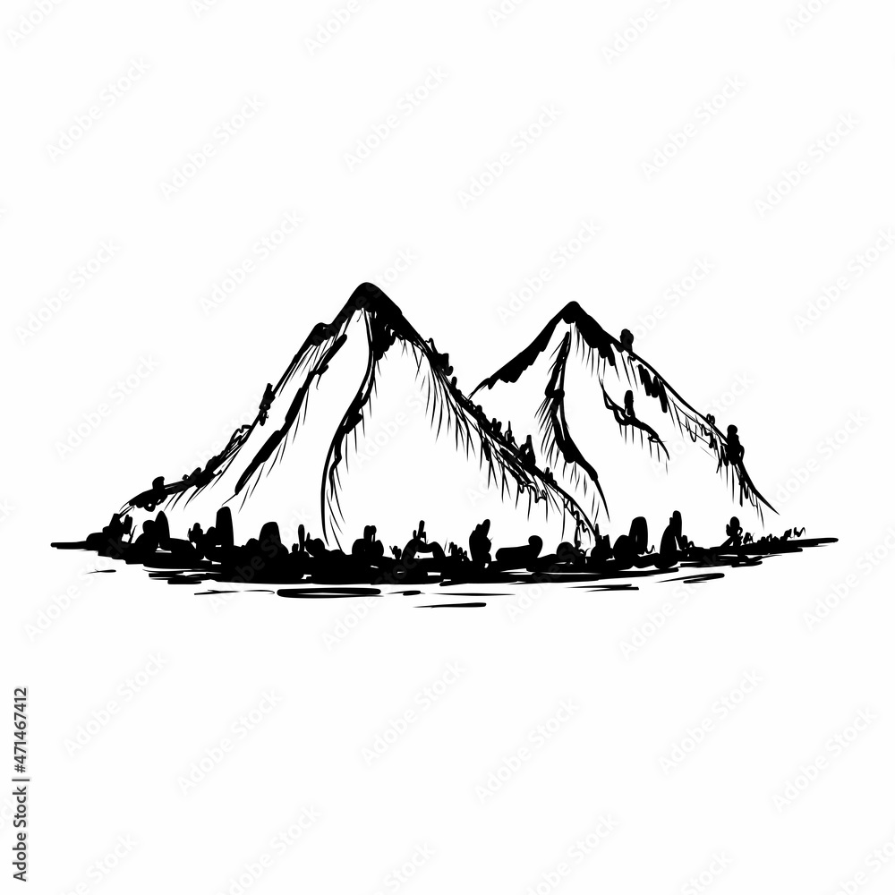 Fototapeta premium Graphic ink drawing of mountains and forests on a white background.